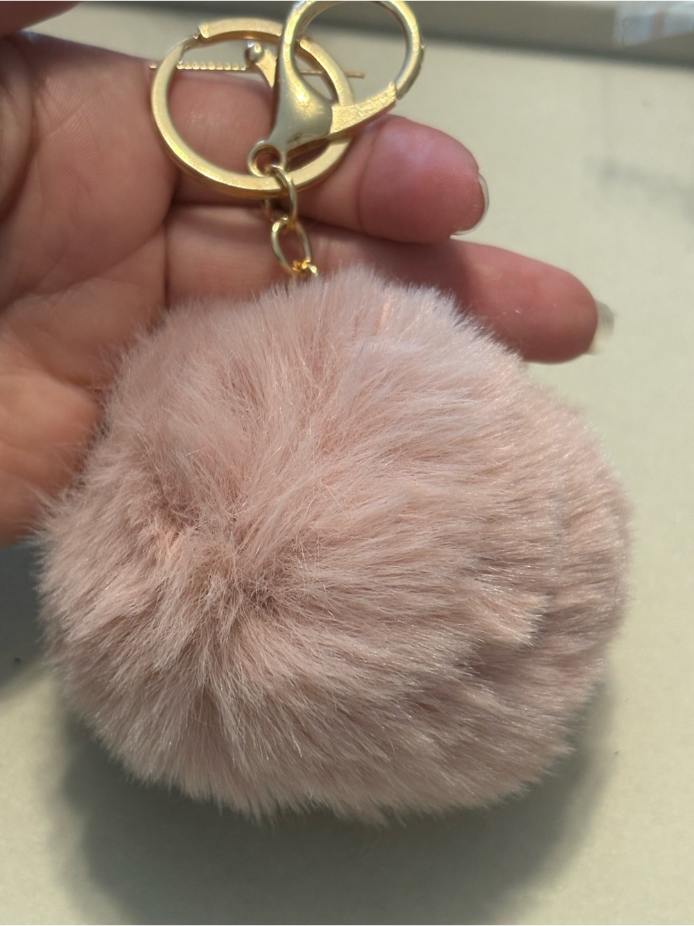 Pink Faux Fur Pom Pom Keychain with Gold Hardware